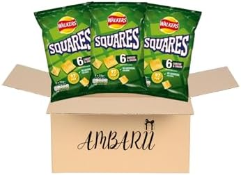 AMBARII Walkers Squares Cheese & Onion Crisps, British Snack Chips Pack of 6 x 3