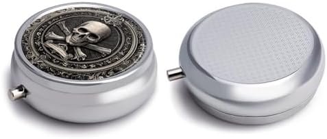 Pill Box-3 Compartment Small Pill Case, Portable Round Pill Box for Pocket or Purse, Decorative Metal Medicine Vitamin Organizer. (Skull)