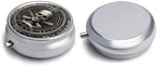 Pill Box-3 Compartment Small Pill Case, Portable Round Pill Box for Pocket or Purse, Decorative Metal Medicine Vitamin Organizer. (Skull)