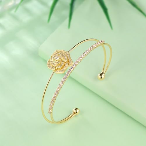 Rose Bracelet with Zircon 18K Gold/Silver Plated Adjustable Cuff Bangle Flower Bracelets Jewelry for Women CB0015