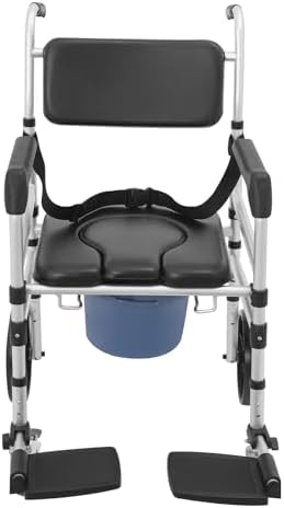 Foldable Shower Chair with Wheels, Rolling Shower Wheelchair Bedside Commode Chair with Arms, Portable Height Adjustable Bathroom Shower Chair for Seniors Adult Disabled (U-Shaped)