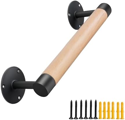 1ft Wood Handrail for Indoor Stairs, Wood Staircase Handrail W/s Black Sturdy Metal Brackets, Stair Banister Railing Wooden Safety Grab Bar for Elderly & Kids