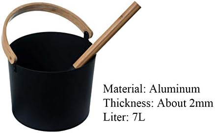 Sauna Bucket and Ladle Set, Portable 7L/1.85 Gallons Aluminum Sauna Bucket with Long Wooden Handle Spoon, SPA Shower Bath Accessories Supplies for Home Saunas, Steam Room