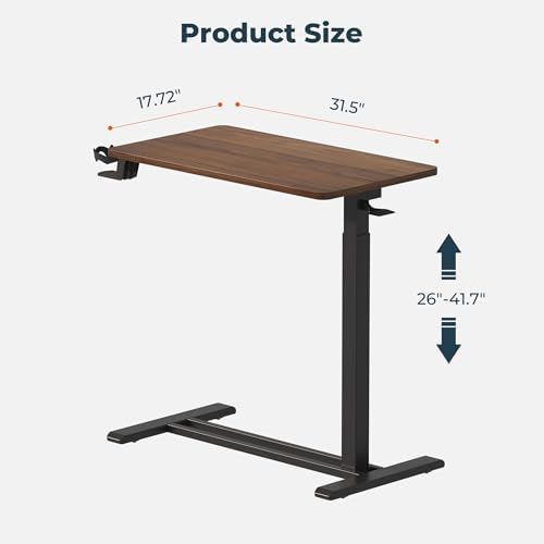 Medical Overbed Adjustable Bedside Table with Hidden Casters, Pneumatic Mobile Rolling Laptop Standing Desk with Tray for Home and Hospital Use, Mahogany, Large