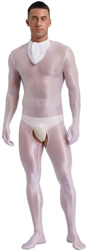 Men's Sheer Hooded Bodystocking Full Bodysuit Zentai Hollow Out Nylon Tights Jumpsuit