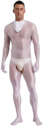 Men's Sheer Hooded Bodystocking Full Bodysuit Zentai Hollow Out Nylon Tights Jumpsuit