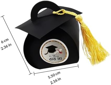 TINEASUR 50pcs Graduation Party Packaging Boxes Black Doctoral Cap Candy Case with White Label, Paper Favor Holder for Celebration Candy Wrap