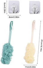 2-Piece Set of Back Brush Scrub Shower Scarves, Long Handled Shower Brushes, Shower Body Brushes with Shower Net Sponge Soft Mesh, Used for Exfoliating and Removing Dead Skin (Green and Beige)