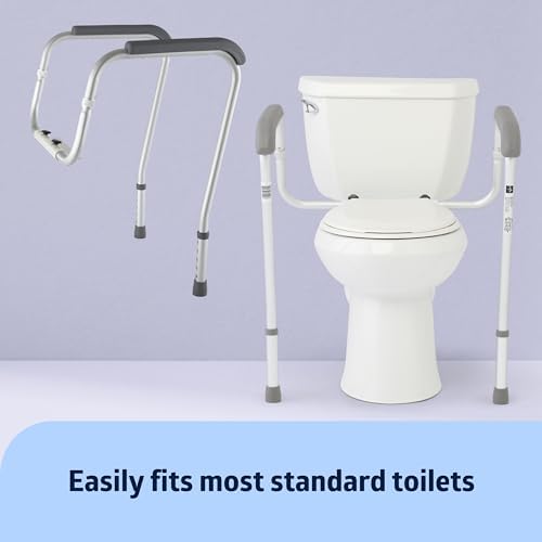 Foldable Toilet Safety Rail with Adjustable Height – Universal Fit for Standard or Elevated Seats – Aluminum Frame, Width Adjustable Armrests, Easy Install Over Toilet – Retail Box
