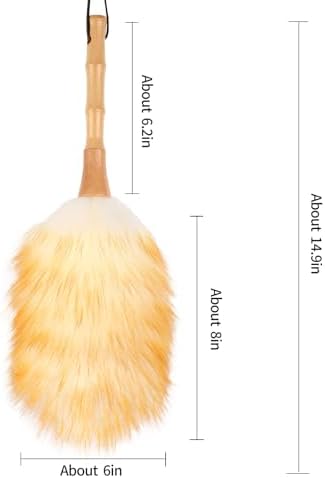 Feather Duster, Lambswool Duster for Cleaning,with Solid Wooden Handle,Leather Hang Strap,Anti-Static 14.9 inch Washable Reusable Small Hand Duster(Natural) for Office, Home and Car