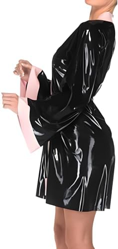Pink And Black Latex Evening Dress Robe With Lacing Rubber Sleepwear Jacket Top Gown