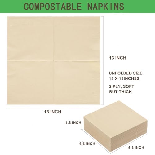 100 Pcs Compostable Paper Napkins 13 x 13 In, Disposable Napkins Unbleached 2-ply for Picnic Lunch Dinner Wedding Party Birthday and Every Day Use