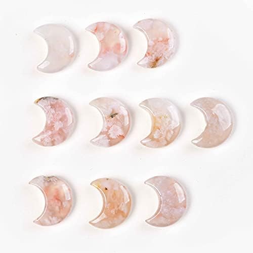 JIC Gem 10PC Crescent Moon Shaped Sakura Agate Quartz Crystal Set Flower Agate Pocket Stone,Bulk Carved Crystals Set Jewelry Making Home Decor Gifts