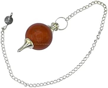 Amazing Gemstone Red Jasper Crystal Ball Pendulum for Divination - Dowsing Pendulum Necklace with Chain and Quartz Bead for Reiki Healing and Crystal Grid Meditation