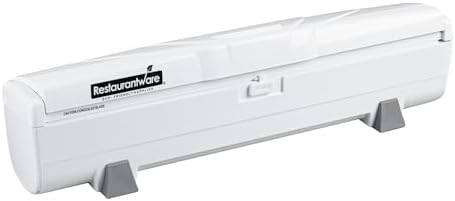 Restaurantware-RW Base Food Wrap Dispenser with Cutter, 1 Refillable Cling Wrap Dispenser - Fits 12” to 18” x 1000’ Rolls, Press Down and Cut, White Plastic Aluminum Foil, Sharp Blade