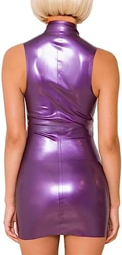 Latex Rubber Front Zip Dress Purple Front Zip,Metallic Purple,4XL