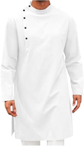 Mens Kaftan Thobe Long Sleeve Stand Collar Side Button Robe Gown Casual Loose Split Cotton Linen Muslim Shirts Top