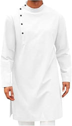 Mens Kaftan Thobe Long Sleeve Stand Collar Side Button Robe Gown Casual Loose Split Cotton Linen Muslim Shirts Top