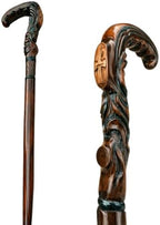 Wooden Christian Cross Engraved Hand Carved Cane - Premium Wood Carved Walking Stick Cane with Ergonomic Palm Grip Handle - 36" Brown Handmade Elegant Carved Walking Stick for Men Women