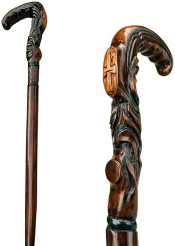 Wooden Christian Cross Engraved Hand Carved Cane - Premium Wood Carved Walking Stick Cane with Ergonomic Palm Grip Handle - 36" Brown Handmade Elegant Carved Walking Stick for Men Women