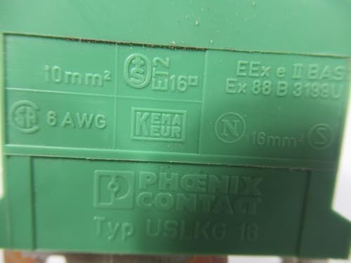 PHOENIX CONTACT USLKG 16 2 Connection, 20-6 AWG, Green/Yellow, Ground Modular, Screw Connection, Terminal Block