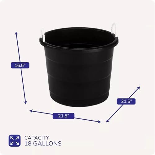 20 Gallon Storage Tub, Round Heavy Duty Plastic Container with Rope Handles, 21.5 x 21.5 x 16.5 inches (Black)