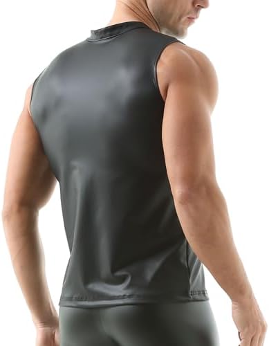 QiaTi Men's Faux Leather Vest Undershirt Mens Sleeveless Tank Top Zipper Stand Collar Shirt Muscle Waistcoats Fit Athletic