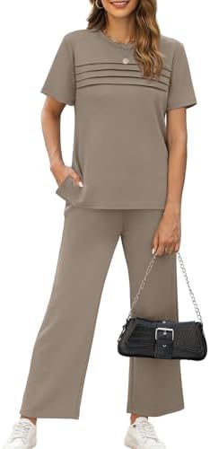 WIHOLL Two Piece Sets for Women Summer Spring Travel Vacation Outfits Short Sleeve Lounge Sets Side Slit Wide Leg Pants S-3XL