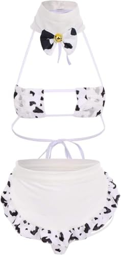Women Sexy Milk Cow Lingerie Set Anime Maid Cosplay Costume Mini Bikini Bra Bodysuit with Bell Choker Stockings Outfit