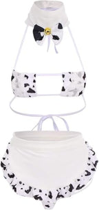 Women Sexy Milk Cow Lingerie Set Anime Maid Cosplay Costume Mini Bikini Bra Bodysuit with Bell Choker Stockings Outfit