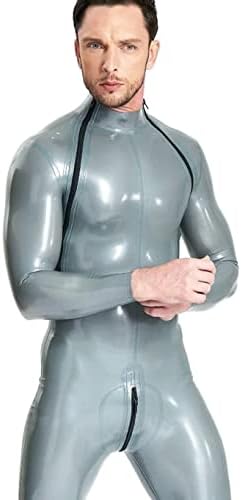 Male Latex Rubber Shoulder-Zip Catsuit Double-Diagonal Zipper Bodysuits Jumpsuit Party Club Wear
