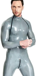 Male Latex Rubber Shoulder-Zip Catsuit Double-Diagonal Zipper Bodysuits Jumpsuit Party Club Wear