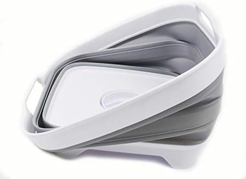 SAMMART 10L (2.64 gallon) Collapsible Dishpan with Draining Plug - Foldable Washing Basin - Portable Dish Washing Tub - Space Saving Kitchen Storage Tray (1, White/Grey)
