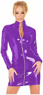 Women Sexy Zipper PVC Mini Dress Catsuit Novelty Club Party Dress Bodycon Long Sleeve Turtleneck,Purple,XXL
