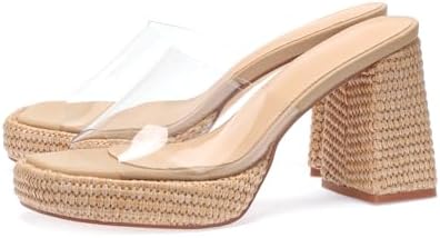 Monrovia Raffia Heeled Sandals for Women，Platform Wedge Slip On Block Heel, Dressy Summer Open Toe Chunky High Heel Vacation Beach Slides Sandals