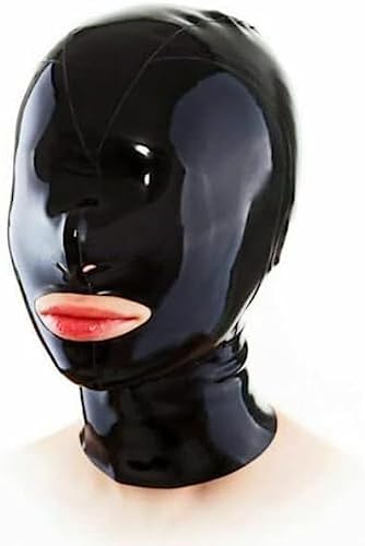 Black Latex Hood Cover Eyes Back Zipper Rubber Mask Catsuit Club Wear Costume,Red,X-Small