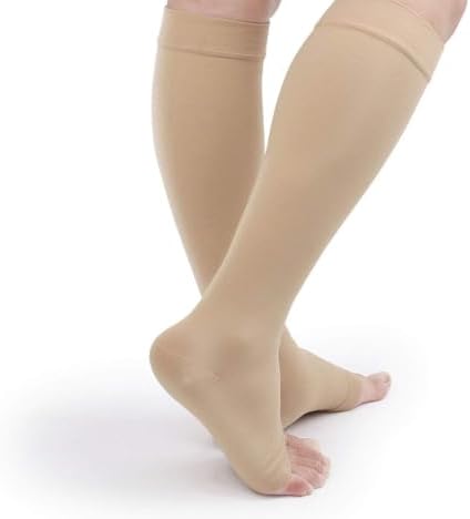 TOFLY® Knee High Compression Stockings, Open-Toe, Firm Support 15-20mmHg Opaque Maternity Pregnancy Compression Socks, Ankle & Arch Support, Swelling, Varicose Veins, Edema Beige S