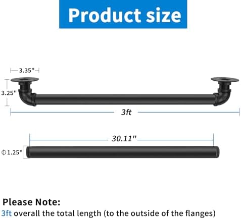 Wall Handrail 3FT/90CM,Industrial Staircase Railing 1.25 Inch Tube Diameter,Galvanized Pipe Handrails for Indoor Stairs with Wall Mount Support,for Wall Mounted Stairway Handrail