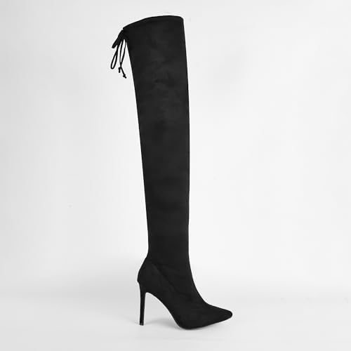 Women's Thigh High Block Stiletto Heel Over The Knee Boots, Faux Suede Elasticity, Long Black Boots, Round Toe&Pointed Toe, Side Zip Sexy Boots for Winter Fall