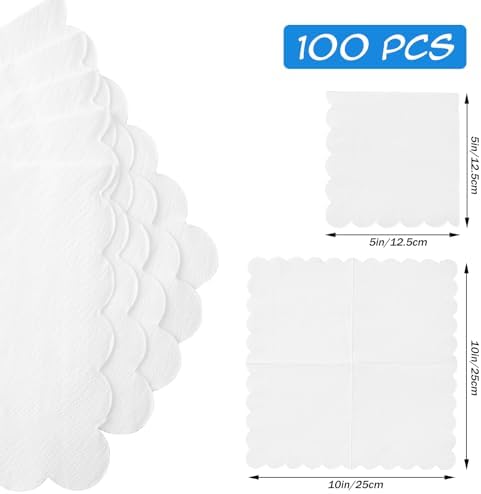 100 White Scalloped Cocktail Napkins, 3 Ply 5 x 5 Inch Beverage Napkins Paper Napkins Disposable Luncheon Napkins for Wedding Birthday Party Bridal Anniversary Baby Shower