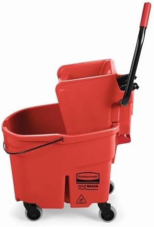 Rubbermaid Commercial Products WaveBrake 35 QT Side-Press Mop Bucket and Wringer Combo on Wheels Red for Heavy-Duty Floor Cleaning