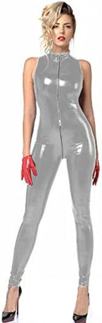 Plus Size Sexy Sleeveless PVC Catsuit Women Zipper to Crotch Bodycon Jumpsuit Cosplay Costume Nightclub Party Uniform,Silver,XXL