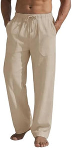 Men's Casual Linen Pants Summer Beach Trousers Loose Fit Straight-Legs Elastic Drawstring Waist Yoga Trousers
