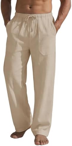 Men's Casual Linen Pants Summer Beach Trousers Loose Fit Straight-Legs Elastic Drawstring Waist Yoga Trousers