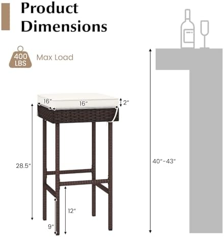 Tangkula Patio Rattan Barstools Set of 2, Outdoor Wicker Bar Height Chairs with Footrest & Soft Cushions, Heavy-Duty Metal Frame, Cushioned Barstools for Backyard, Balcony