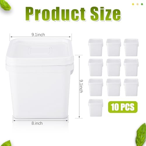 Suzile 10 Pcs 2.2 Gallon Square Bucket with Lid Food Grade Plastic Bucket 10L Utility Industrial Pail with Handle Container for Food Oil Tub Water Fishing Paint House Cleaning Car Washing(White)