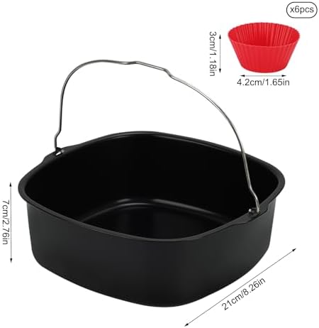 8inch Air Fryer Cake Pan, Non-stick Air Fryer Cake Barrel Square Deep Baking Pan Pizza Baking Pan for Instant Pot Cake Tray Basket Kitchen Accessorie Set (with 6 muffin cups)