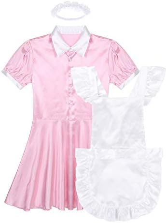 ACSUSS Men's Silk Satin Frilly Flutter French Maid Costume Dress Crossdress Pajamas Set