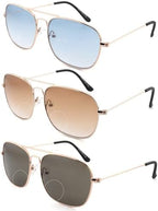 3 Pack Aviator Bifocal Reading Sunglasses for Men Wome Double Bridge Sun Readers Gradient Lens Metal Frame Shades, Rose Gold/Light Gold Frame, Gradient Blue Brown G15, + 2.50
