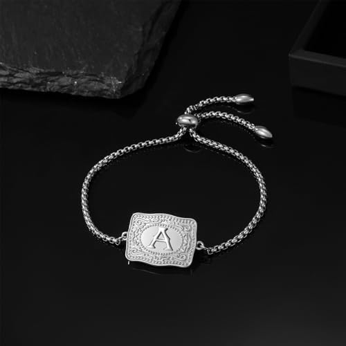 2 Pcs Gold Silver Initial Necklace Bracelet Set for Women, 18K Gold Plated Belt Buckle Initial A-Z Necklace Bracelet Set, Unique Western Style Jewelry Gifts for Women